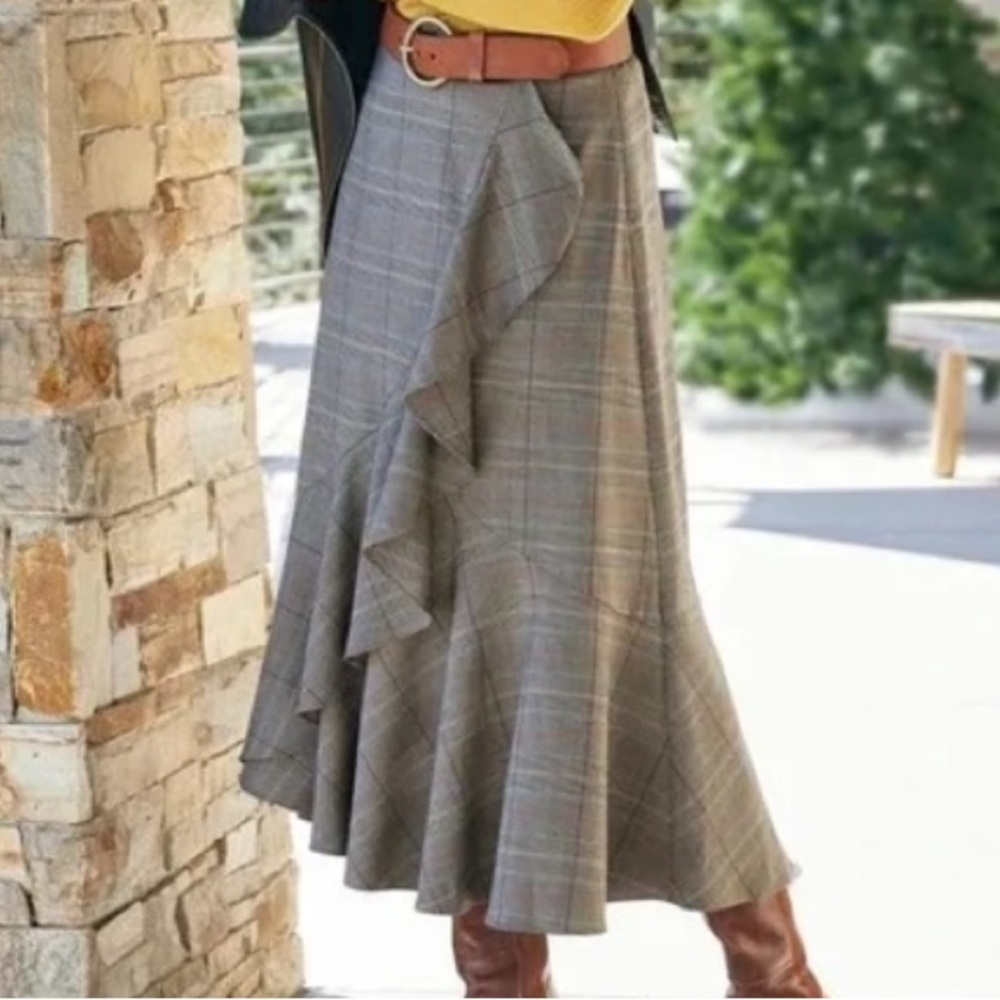 Soft Surroundings Weston Park Glen Plaid Ruffle Midi Skirt